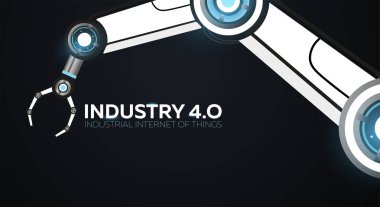 Robotik kol ile sanayi 4.0 banner. Akıllı Sanayi Devrimi, otomasyon, robot asistanları. Vektör çizim.