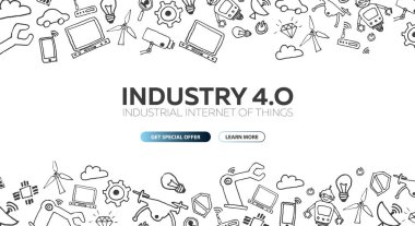 Sanayi 4.0 afiş. Akıllı Sanayi Devrimi, otomasyon, robot asistanları. Vektör çizim.