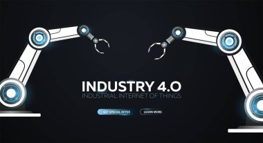 Robotik kol ile sanayi 4.0 banner. Akıllı Sanayi Devrimi, otomasyon, robot asistanları. Vektör çizim.