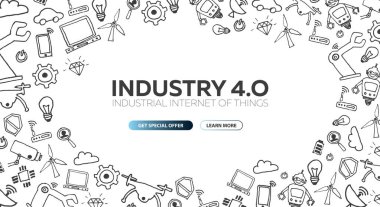 Sanayi 4.0 afiş. Akıllı Sanayi Devrimi, otomasyon, robot asistanları. Vektör çizim.