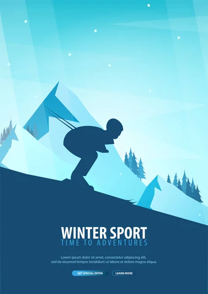 Wintersport. Ski en Snowboard. Berglandschap. Snowboarder in beweging. Vectorillustratie. — Stockvector