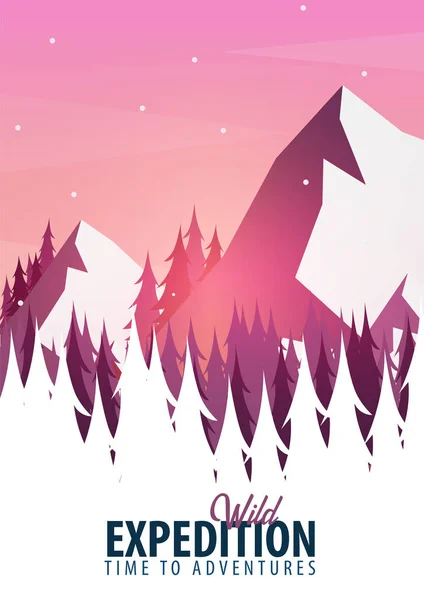 Zimní Cestování krajina. Lesních dřevin s horami. Vektorové ilustrace. — Stockový vektor