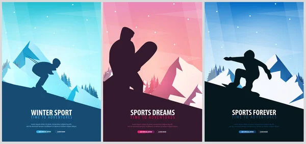 Set banners van wintersport. Ski en Snowboard. Berglandschap. Snowboarder in beweging. Vectorillustratie. — Stockvector