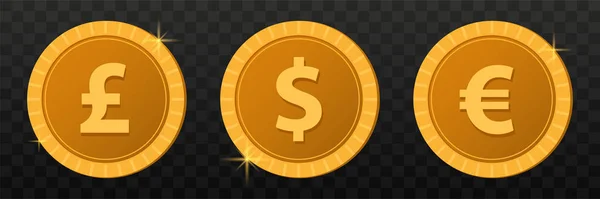 Satz Goldmünzen auf transparentem Hintergrund. Spiel Münzen Illustration. Dollar, Euro und Pfund. — Stockvektor