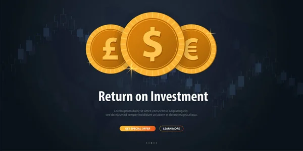 Retorno sobre Investimento, ROI, Mercado e Finanças, Negociação de Investimento, Moedas e Vela vara gráfico no Backround . —  Vetores de Stock