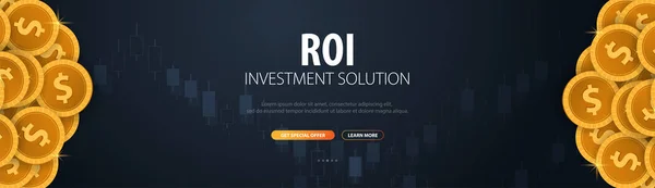 Retorno sobre Investimento, ROI, Mercado e Finanças, Negociação de Investimento, Moedas e Vela vara gráfico no Backround . —  Vetores de Stock