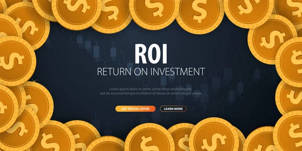 Rendimento degli investimenti, ROI, Mercato e Finanza, Trading degli investimenti, Coins and Candle stick graph on the Backround . — Vettoriale Stock