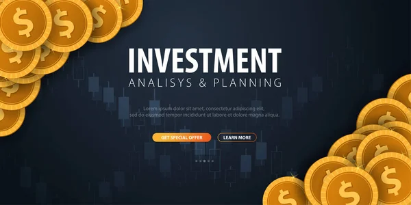 Rendimento degli investimenti, ROI, Mercato e Finanza, Trading degli investimenti, Coins and Candle stick graph on the Backround . — Vettoriale Stock