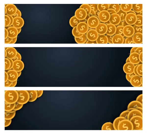 Conjunto de moedas de ouro Concept banner no fundo escuro. Modelo de vetor . — Vetor de Stock