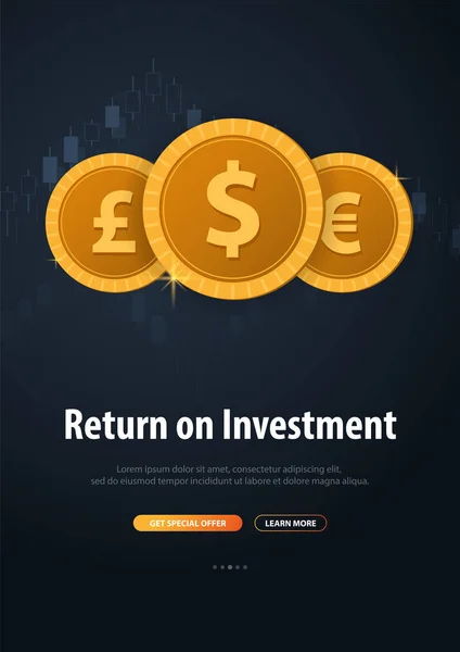 Retorno de la inversión, ROI, Mercado y Finanzas, Comercio de inversión, Monedas y gráfico de barra de vela en el fondo . — Vector de stock