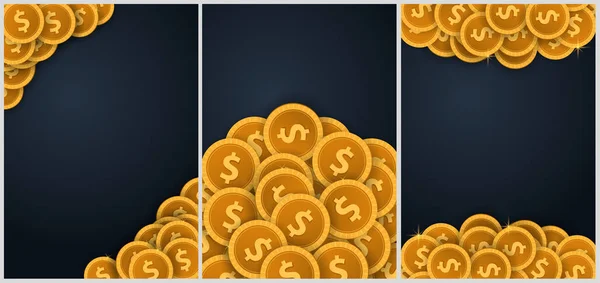Sada zlatých mincí koncept banner na tmavém pozadí. Vektor šablona. — Stockový vektor