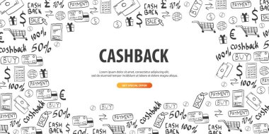 Cashback hizmet. Paranı sakla. El çizmek doodle arka plan.