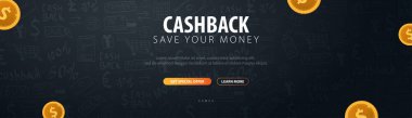 Cashback hizmet. Paranı sakla. Altın sikkeleri üzerinde karanlık arka plan doodle.