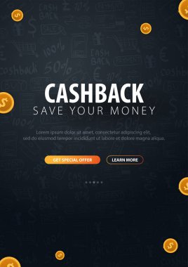 Cashback hizmet. Paranı sakla. Altın sikkeleri üzerinde karanlık arka plan doodle.
