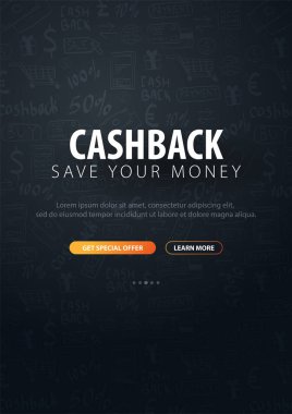 Cashback hizmet. Paranı sakla. Karanlık doodle arka plan.