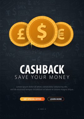 Cashback hizmet. Paranı sakla. Altın sikkeleri üzerinde karanlık arka plan doodle.