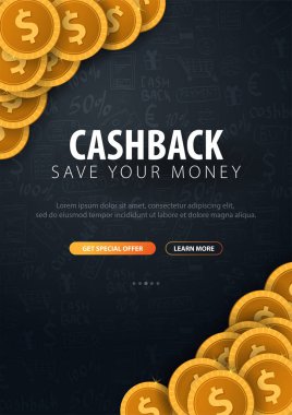 Cashback hizmet. Paranı sakla. Altın sikkeleri üzerinde karanlık arka plan doodle.