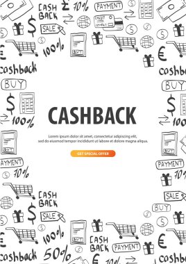 Cashback hizmet. Paranı sakla. El çizmek doodle arka plan.