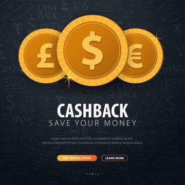 Cashback hizmet. Paranı sakla. Altın sikkeleri üzerinde karanlık arka plan doodle.