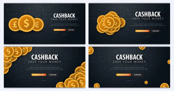 Sada služby Cashback. Uložte své peníze. Zlaté mince ve tmě doodle pozadí. — Stockový vektor