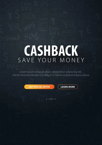 Služba Cashback. Uložte své peníze. Doodle tmavé pozadí. — Stockový vektor