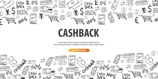 Služba Cashback. Uložte své peníze. Ruky kreslit doodle pozadí. — Stockový vektor