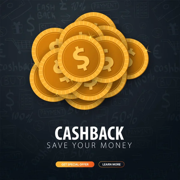 Služba Cashback. Uložte své peníze. Zlaté mince ve tmě doodle pozadí. — Stockový vektor