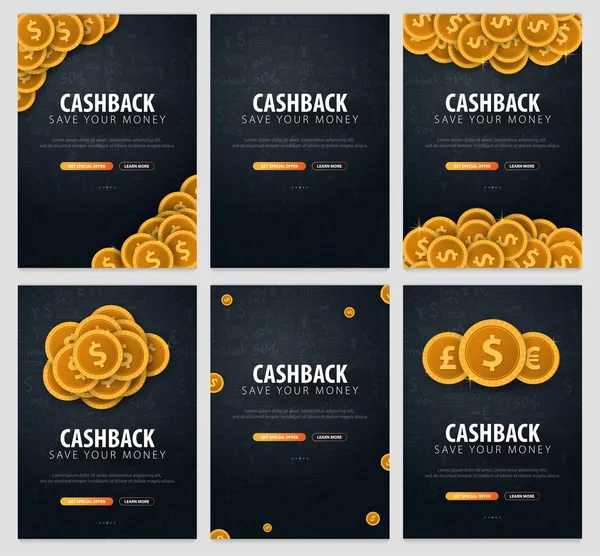Sada služby Cashback. Uložte své peníze. Zlaté mince ve tmě doodle pozadí. — Stockový vektor