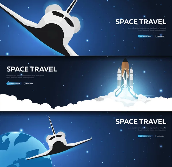 Set of Space banners. Space Shuttle. Mars, Earth, Exoplanet. Astronomical galaxy space background. Vector Illustration. — Stock Vector