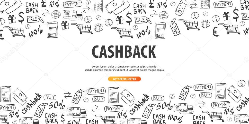 Cashback service. Save your money. Hand Draw doodle background.