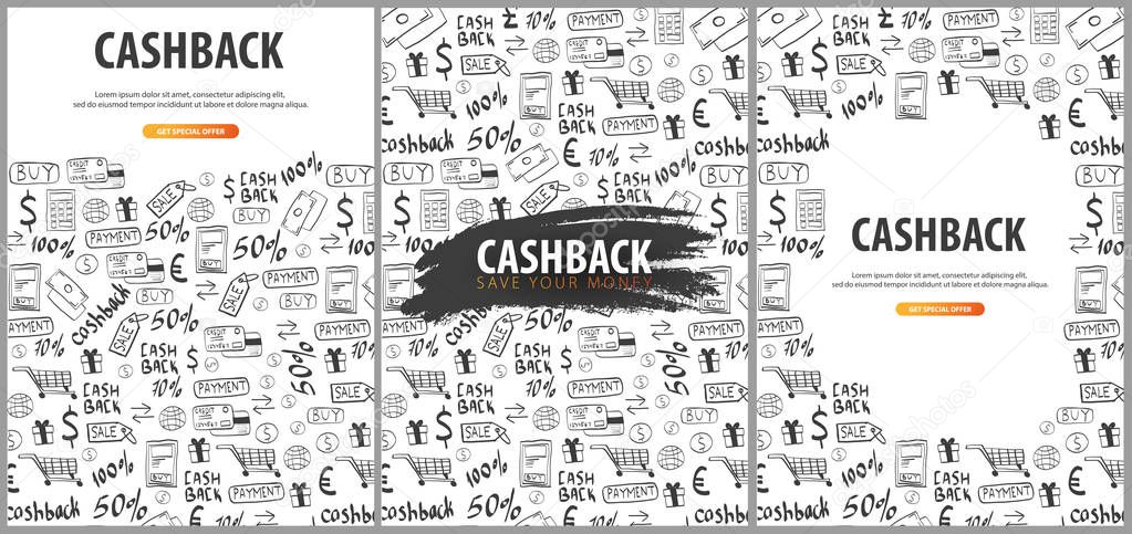 Set of Cashback service banners. Save your money. Hand Draw doodle background.