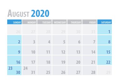 Ağustos. Planlayıcısı 2020 temiz en az tablo basit stilinde takvim. Vektör çizim.
