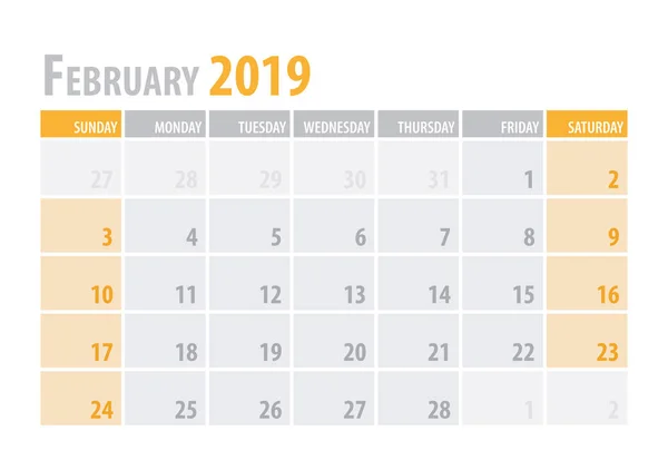 Febrero. Planificador de calendario 2019 en un estilo sencillo de mesa minimalista y limpio. Ilustración vectorial . — Vector de stock