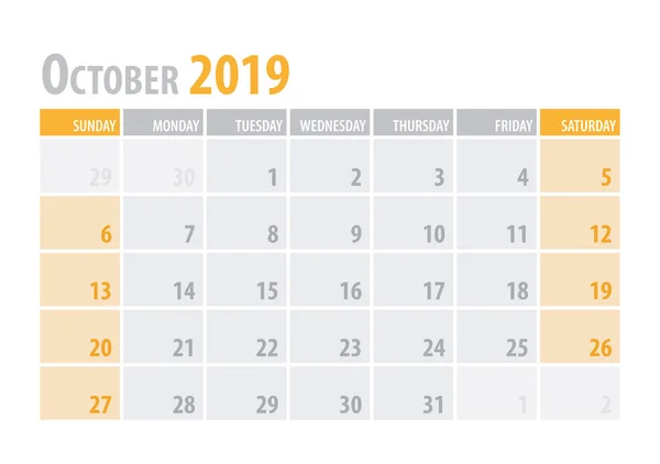 Octubre. Planificador de calendario 2019 en un estilo sencillo de mesa minimalista y limpio. Ilustración vectorial . — Vector de stock