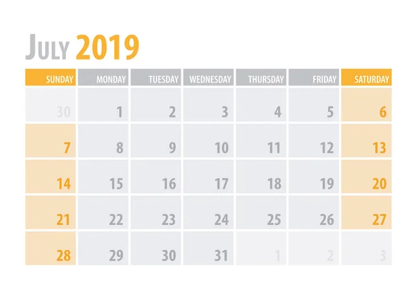 Julio. Planificador de calendario 2019 en un estilo sencillo de mesa minimalista y limpio. Ilustración vectorial . — Vector de stock