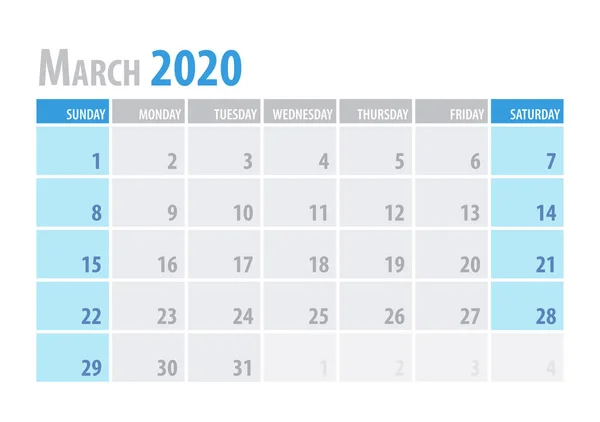 Março. Calendário Planner 2020 em estilo simples tabela mínima limpa. Ilustração vetorial . — Vetor de Stock