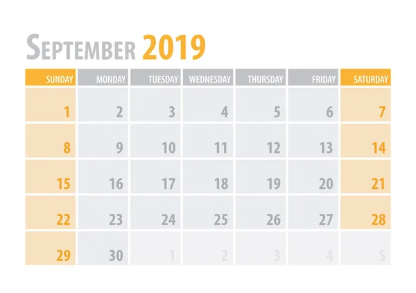 Septiembre. Planificador de calendario 2019 en un estilo sencillo de mesa minimalista y limpio. Ilustración vectorial . — Vector de stock