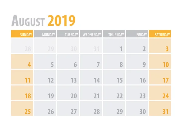 Agosto. Planificador de calendario 2019 en un estilo sencillo de mesa minimalista y limpio. Ilustración vectorial . — Vector de stock