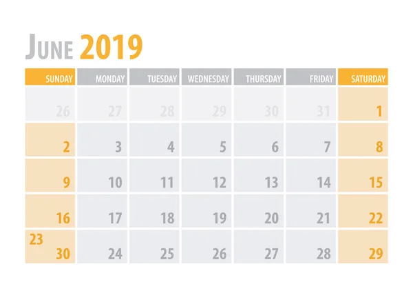 Junio. Planificador de calendario 2019 en un estilo sencillo de mesa minimalista y limpio. Ilustración vectorial . — Vector de stock