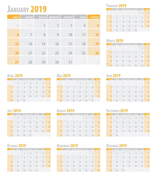 Planificador Calendario 2019 Estilo Sencillo Mesa Minimalista Limpio Ilustración Vectorial — Vector de stock