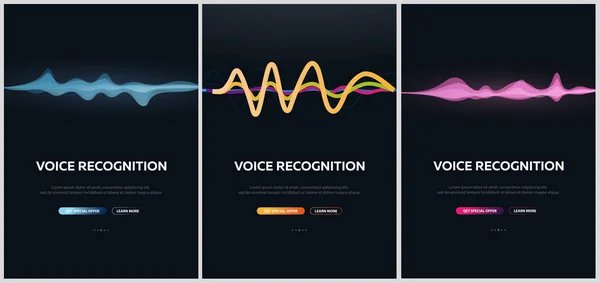 Ensemble de bannières système de reconnaissance vocale et assistant personnel. Biométrie vocale. Onde sonore . — Image vectorielle