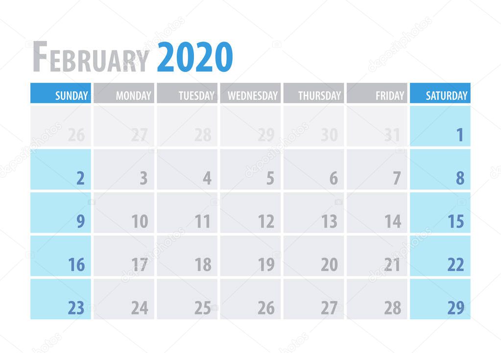 February. Calendar Planner 2020 in clean minimal table simple style. Vector illustration.