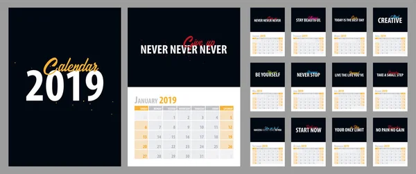 Calendar Planner 2019 con una cita motivacional sobre fondo negro. Ilustración vectorial . — Vector de stock