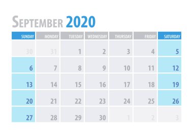 Eylül. Planlayıcısı 2020 temiz en az tablo basit stilinde takvim. Vektör çizim.