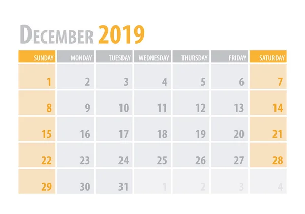 Diciembre. Planificador de calendario 2019 en un estilo sencillo de mesa minimalista y limpio. Ilustración vectorial . — Vector de stock