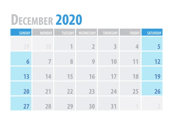 Декабрь. Планировщик календаря 2020 в чистом минимальном стиле таблицы. Векторная иллюстрация . — стоковый вектор