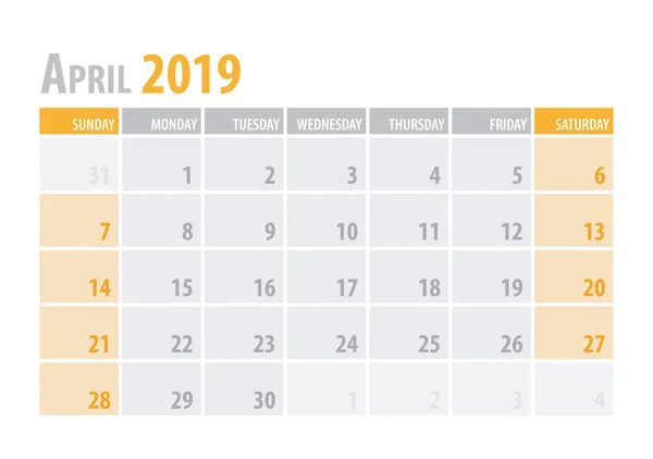 April. Planificador de calendario 2019 en un estilo sencillo de mesa minimalista y limpio. Ilustración vectorial . — Vector de stock