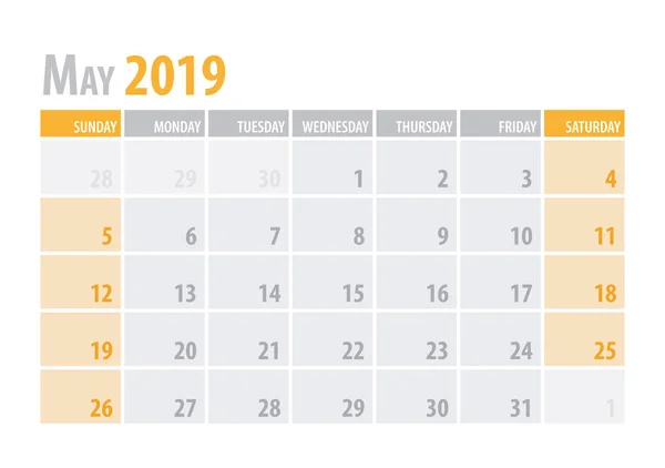 Mayo. Planificador de calendario 2019 en un estilo sencillo de mesa minimalista y limpio. Ilustración vectorial . — Vector de stock