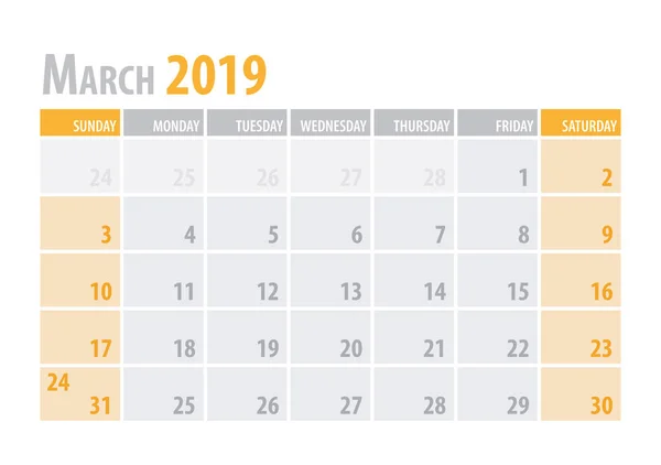 Marzo. Planificador de calendario 2019 en un estilo sencillo de mesa minimalista y limpio. Ilustración vectorial . — Vector de stock