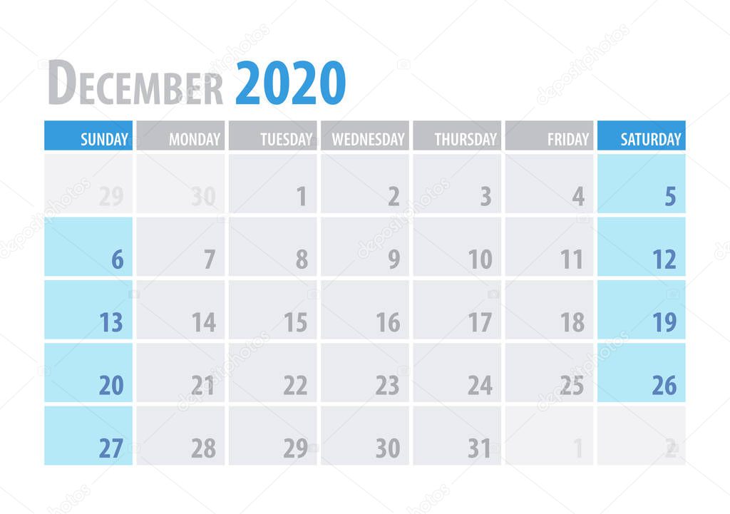 December. Calendar Planner 2020 in clean minimal table simple style. Vector illustration.